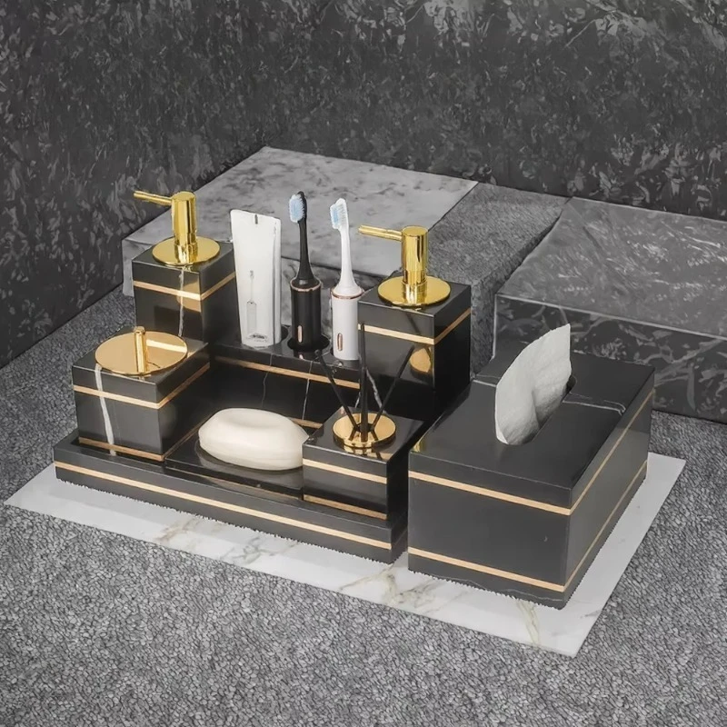 Deluxe Gold Set Acrylic Soap Dispenser Toothbrush Holder Tray Black Accessories Series