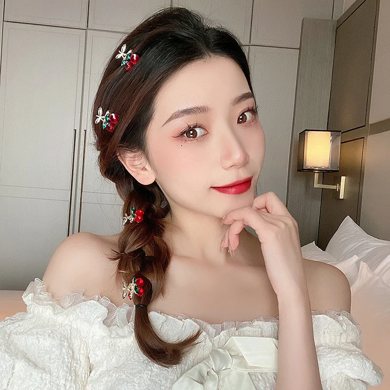 1pcs Fashion Green Leaf Red Cherry Hair Claw Mini Crystal Shark Hair Clip Women Girls Bangs Hairpin Hair Accessories Xmas Gifts view 5