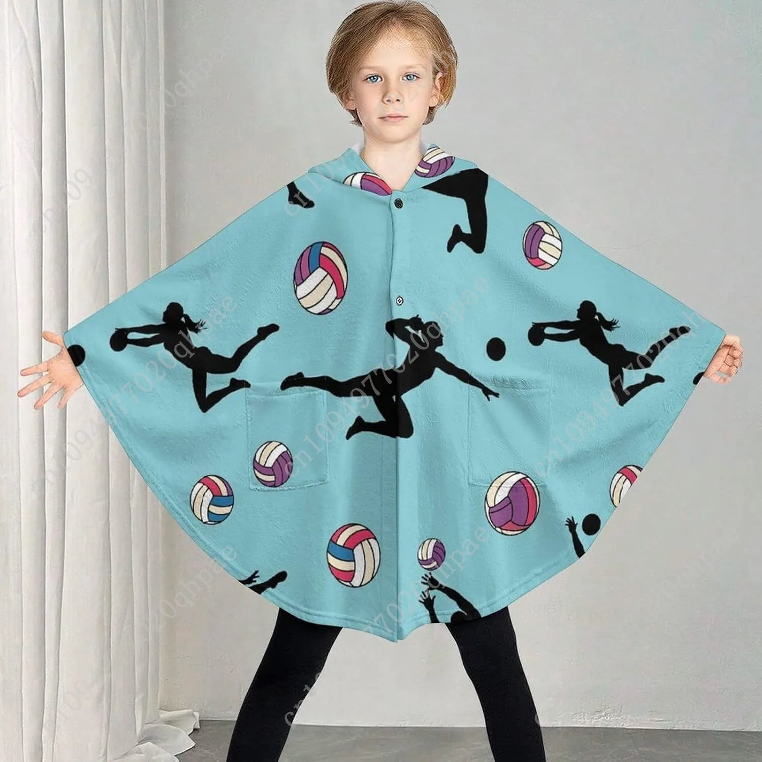 سترة بطانية مريحة من الفلانيل، صور ظلية لعازفي الكرة الطائرة، هوديي كبير الحجم مع جيوب للأطفال والمراهقين #2