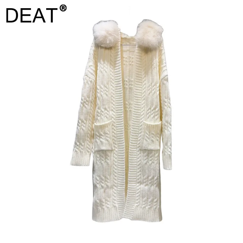 

DEAT Women's Sweater Loose Spliced Plush Hat Solid Color Straight Hooded Knitting Cardigan 2024 New Fashion Autumn 11A01674