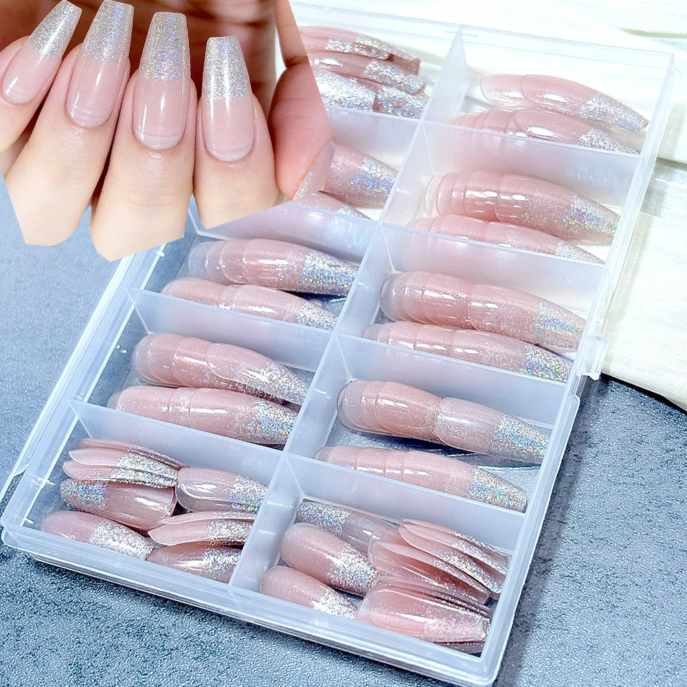 

120 шт. блестящих накладных ногтей средней длины, квадратные, акриловые, с полным покрытием, французский маникюр, для женщин, накладные ногти, приклеивающиеся