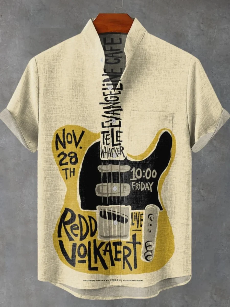 2025 남성 첼로 악기 테마 반팔 셔츠 여름 레트로 뉴 린넨 남성 반팔 탑 레저 휴가 스트리트웨어