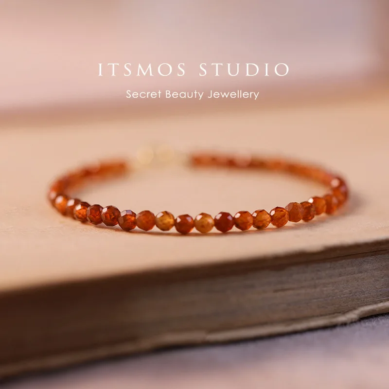 

ITSMOS 3mm Natural Orange Garnet Faceted Crystal Bracelet Female Red Handmade Beaded Bracelet Stacked Simple for Women