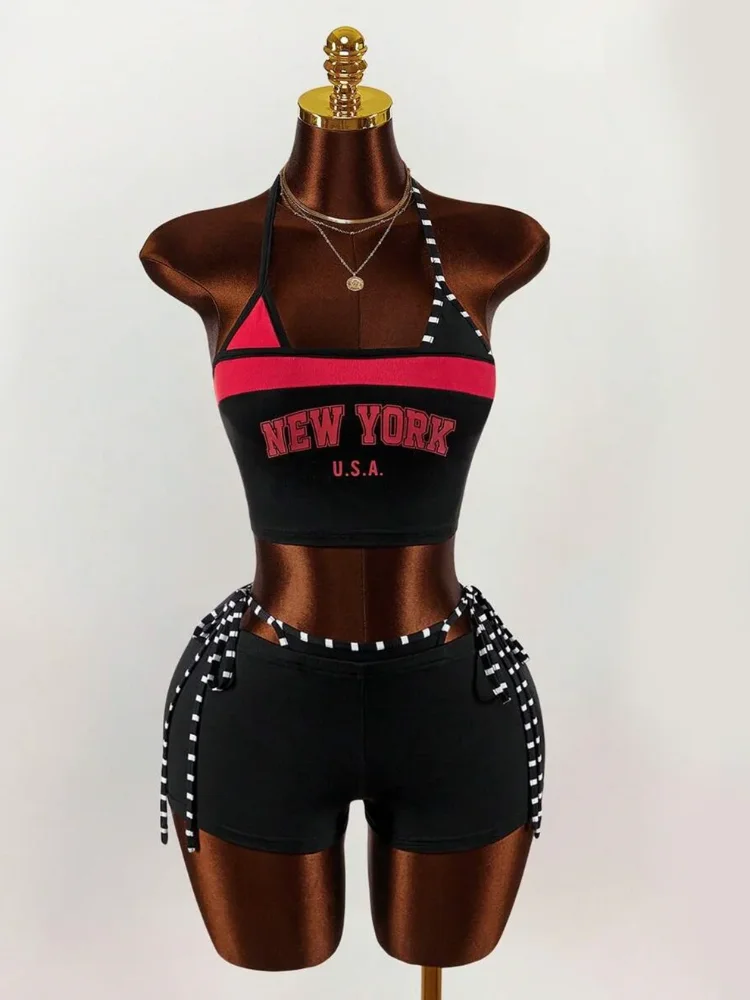 

Women Fashion Street Tight Sexy Harajuku Shorts Two Piece Set Y2K Hot Girl Letter Printed Inner Strap Hanging Neck Bareback Tops