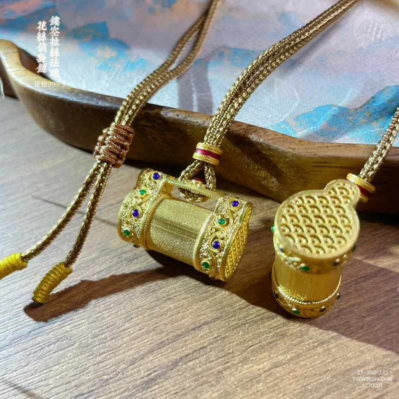 999.9 Hollow Enamel Filigree Blessing Lock Silver Pendant Men's Chain Set Ethnic Style Retro