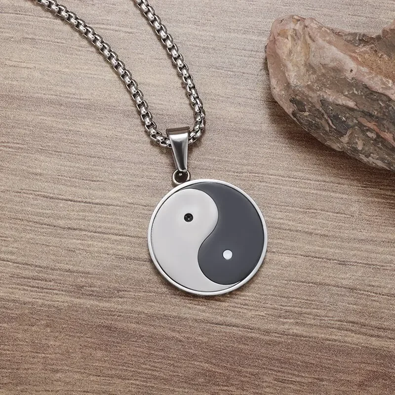 Chinese Religious Mystic Symbols Yin Yang Necklace Stainless Steel Vintage Bagua Meditation Yoga Dual Tone Men's Jewelry