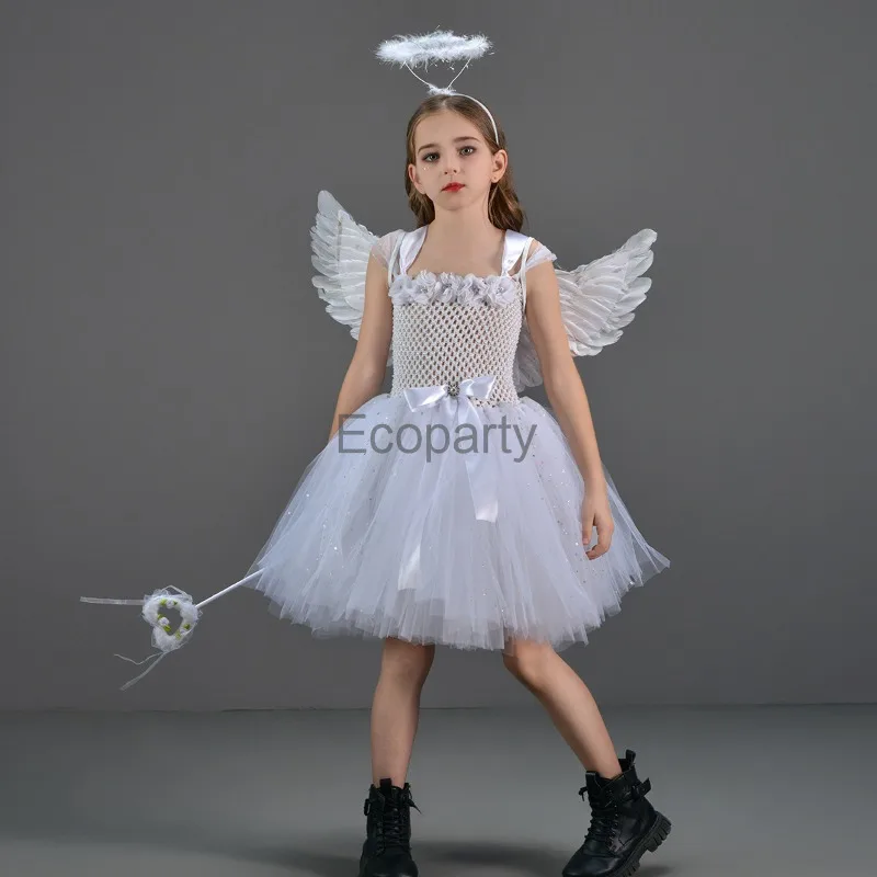 3pcs Kids Angel Cosplay Costume Fancy Girls White Short Sleeve Mesh Goddess Dress with Wing headwear Children Halloween Costume