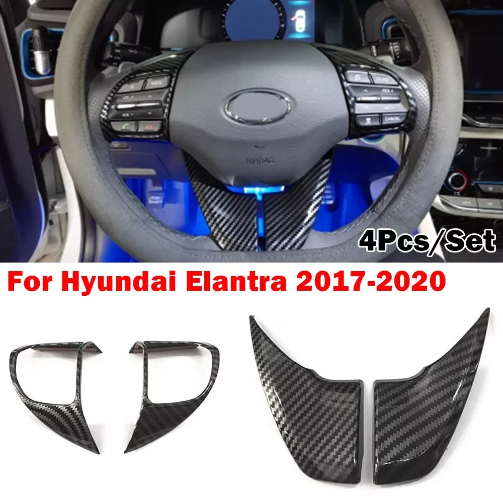 For Hyundai Elantra 2017-2020 IONIQ Veloster Carbon Fiber Look Car Interior Steering Wheel Trim Cover Sticker Button Frame Auto