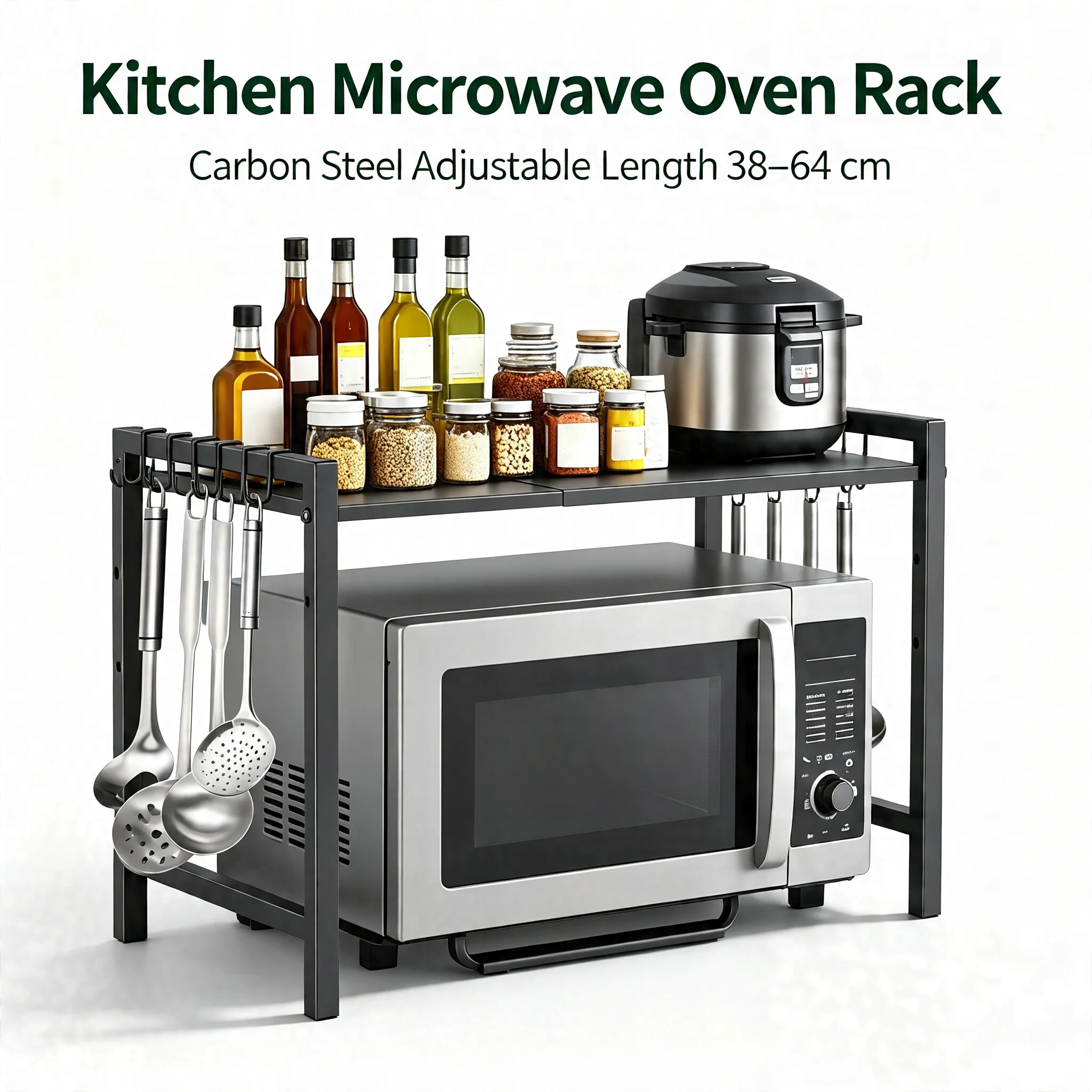 Étagère pour four à micro-ondes de cuisine, en acier au carbone, longueur réglable de 38 à 64 cm, organisateur de rangement sur comptoir avec 6 crochets pour cuisines, salons et bureaux