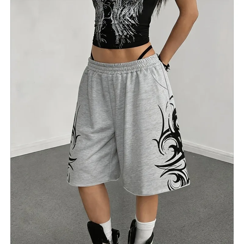 Light gray Y2K retro thorn print loose one-fifth shorts - retro subculture street sports pants with drawstring waist