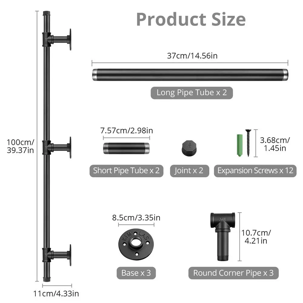 1m Wall-Mount Handrail Stair Railing Outdoor Indoor Steps Staircase Rails Black