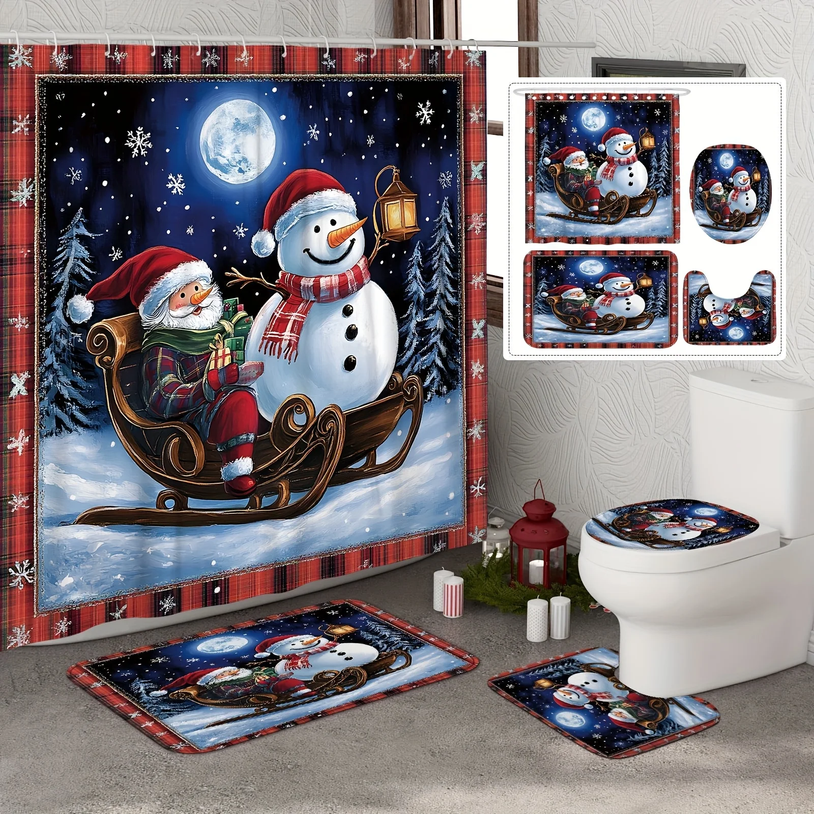 

Рождественский набор для ванной из 4 предметов, занавеска из сосновой снежинки Санта-Снеговика, красный праздничный декор, 12 крючков, нескользящая U-образная крышка для унитаза