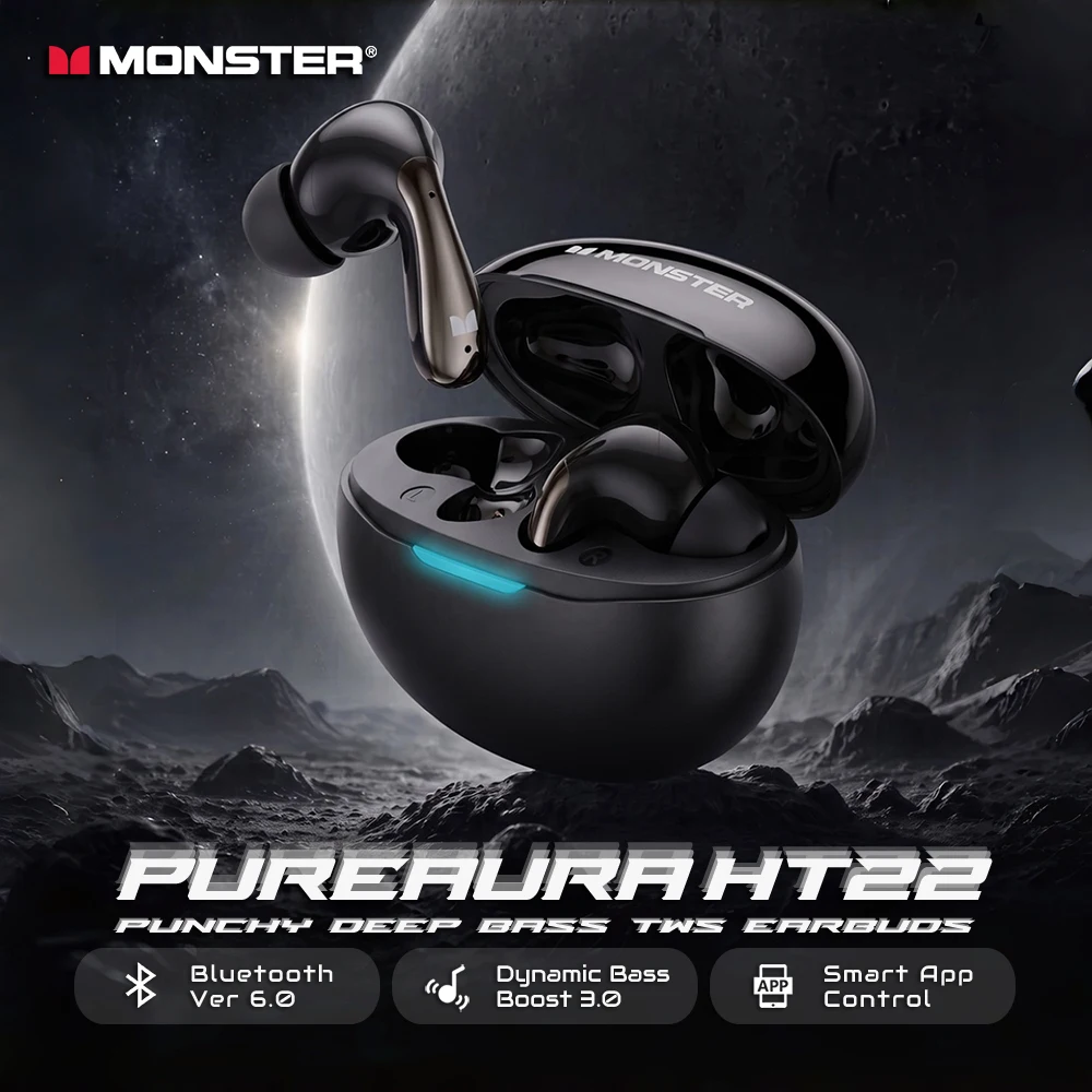 Monster HT22 Mocne Słuchawki Bluetooth 6.0 z Głębokim Basem, Prawdziwie Bezprzewodowe Słuchawki Douszne, Wodoodporne IPX4, Sportowe Słuchawki TWS Bluetooth z Aplikacją