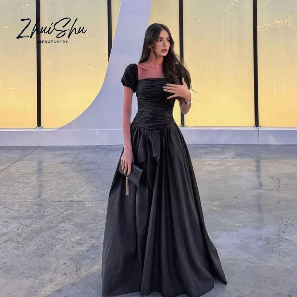 Elegante schwarze Ballkleider, lang, A-Linie, trägerlos, Vestidos Para Mujer, elegante, kurze Puffärmel, formelle Kleider, individuell gestaltet