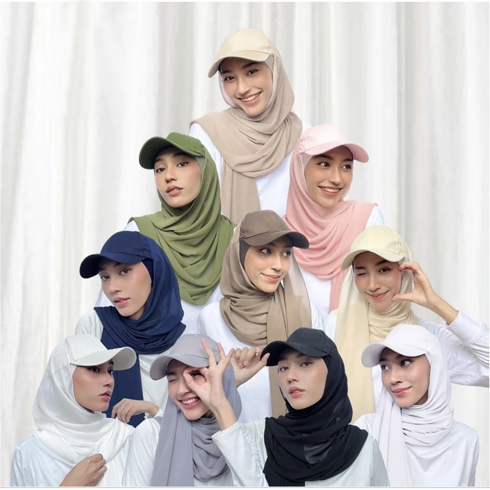 Musilm Women Chiffon Hijab With Base Ball Cap Summer Sports Cap with Chiffon HIjabs Ready To Wear Instant Chiffon Sport HIjabs