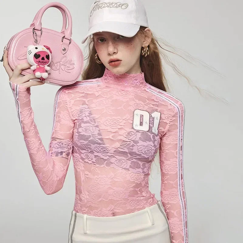 01 Embroidered High Neck Lace T-shirt Rose Pattern Perspective Finger Cuff Long Sleeved T-shirt Girls Y2K Pink Pullover Top Tees