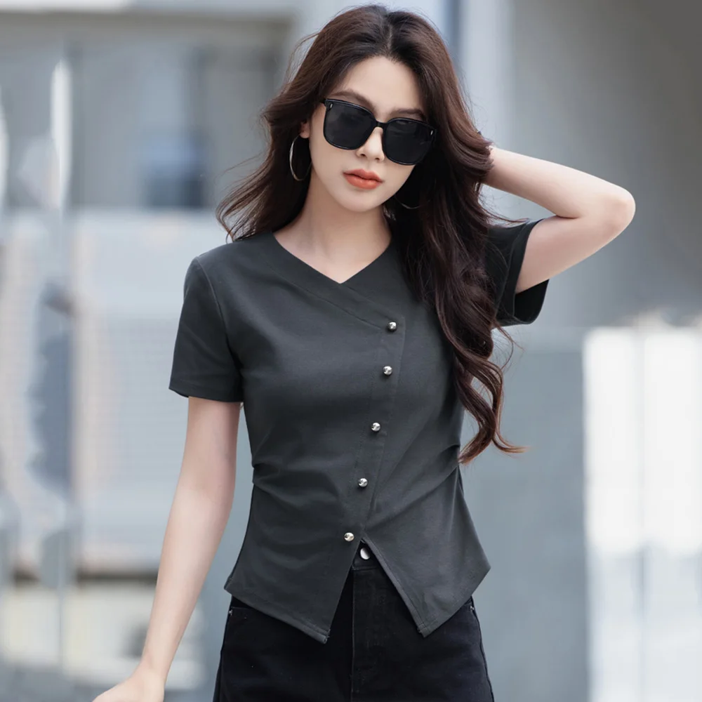 New Women Summer Asymmetric Button T-shirt Fashion V-Neck Short Sleeve Split Folds Design T-shirt Simplicity Casual Slim T-shirt