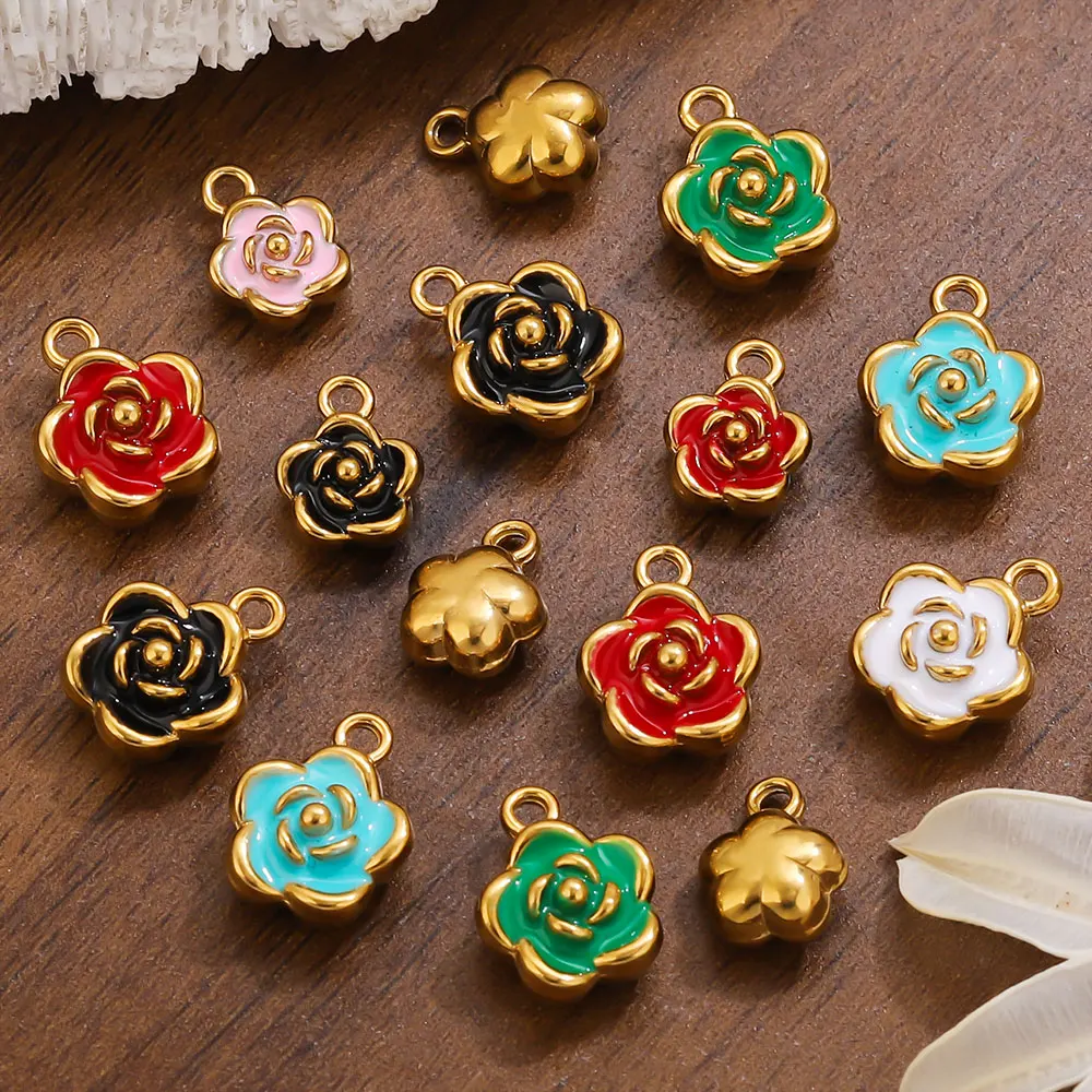 

10PCS 5/8/10mm Stainless Steel Charms Gold Enamel Rose Flower Pendant for Jewelry Making DIY Earring Necklace Bracelet Wholesale