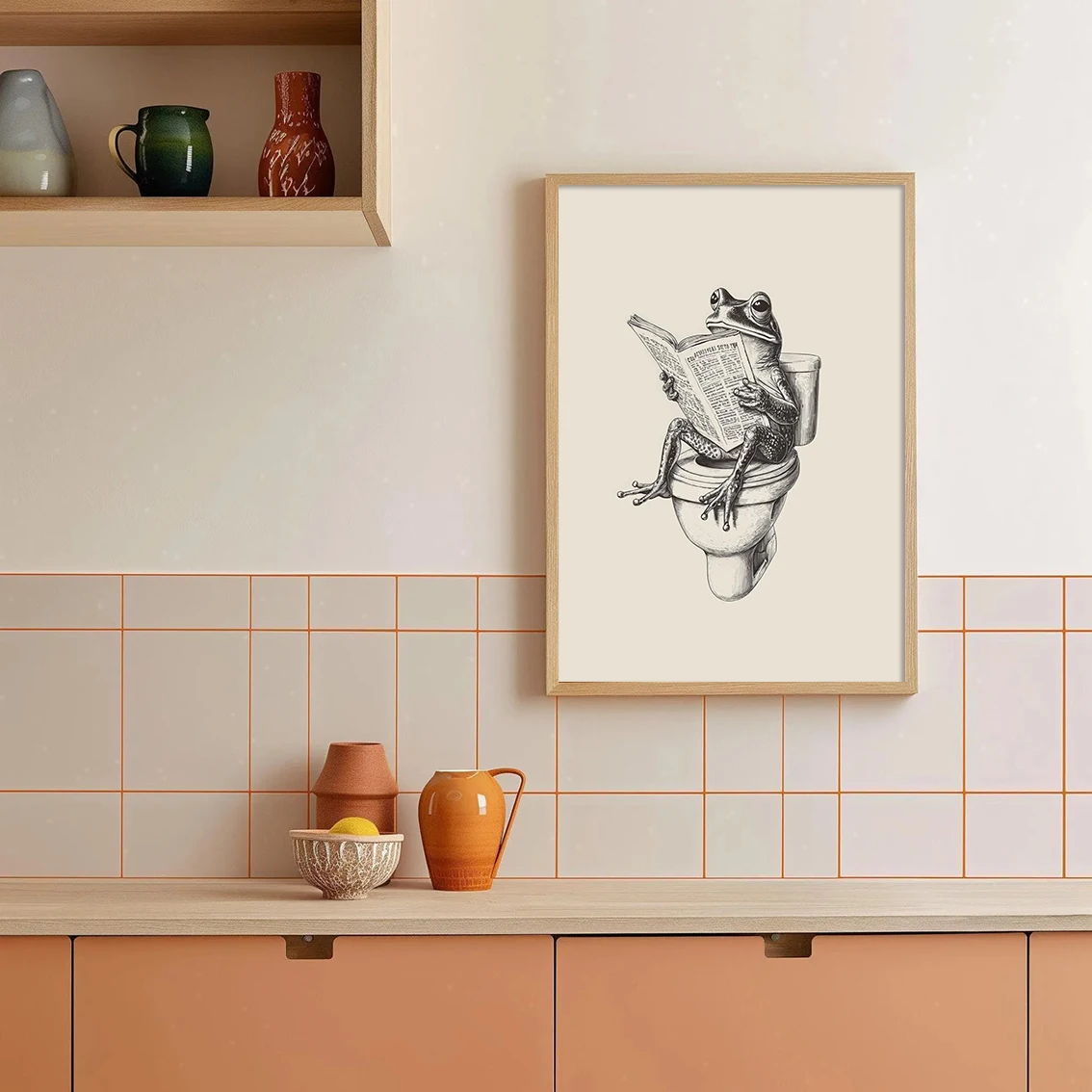 

Retro Print: Frogs in the Toilet, Bathroom Wall Decor, Fun Frog Illustration, Home Decor, Suitable for Bedroom and Living Room
