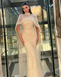 Dubai Champagne Muslim Mermaid Arabic Evening Dresses with Cape Beaded Sequins Formal Elegant Gowns for Women's Party 2024