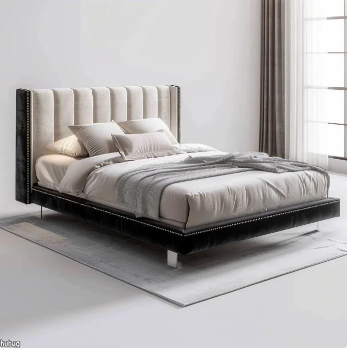 

！@Queen Size Convertible Adjustable Modern Soft Bed Storage Shelves Tufting Leather Nailhead Hotel Bedroom Furniture