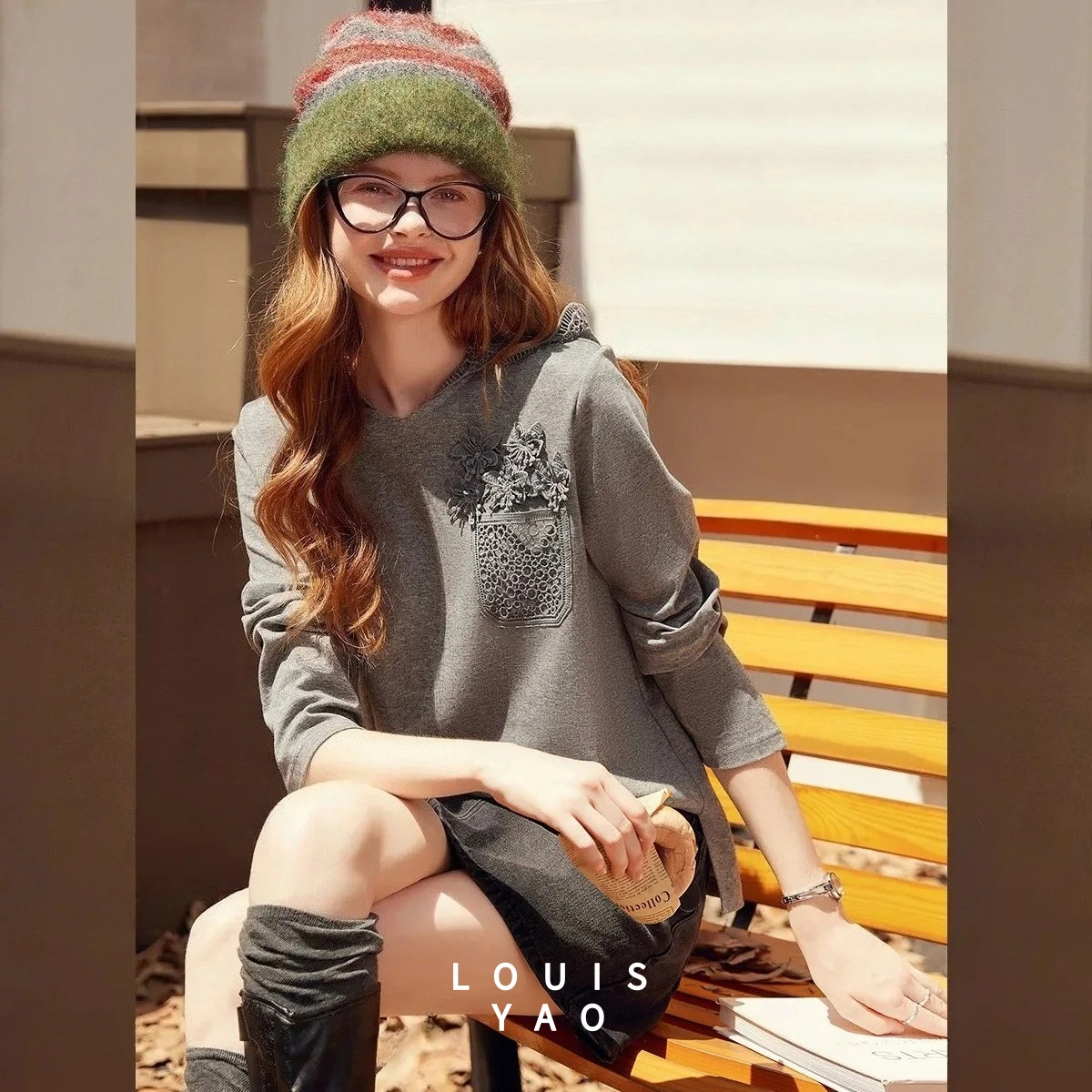 

Модная кружевная толстовка LOUISYAO с карманами, осень 2025, женская, с микроэластичными рукавами, повседневный пуловер-свитшот