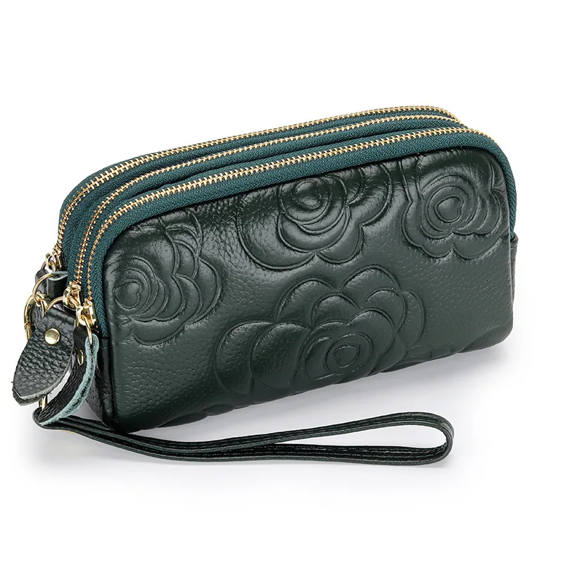 Ladies genuine leather clutch purses Long Women Wallet Multilayer Zipper wrist bag female Coin Purse Flowers Mobile phone bag