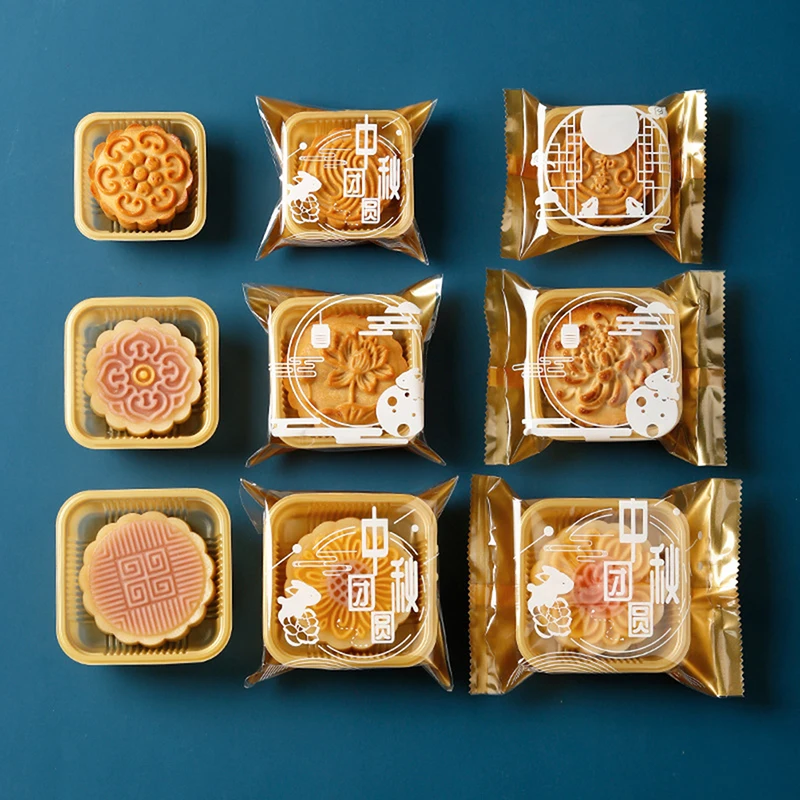 100pcs Square Moon Cake Trays Mooncake Packaging Bag With Cover Food Container Holder Gold Plastic Cake For Cookie Egg Tart