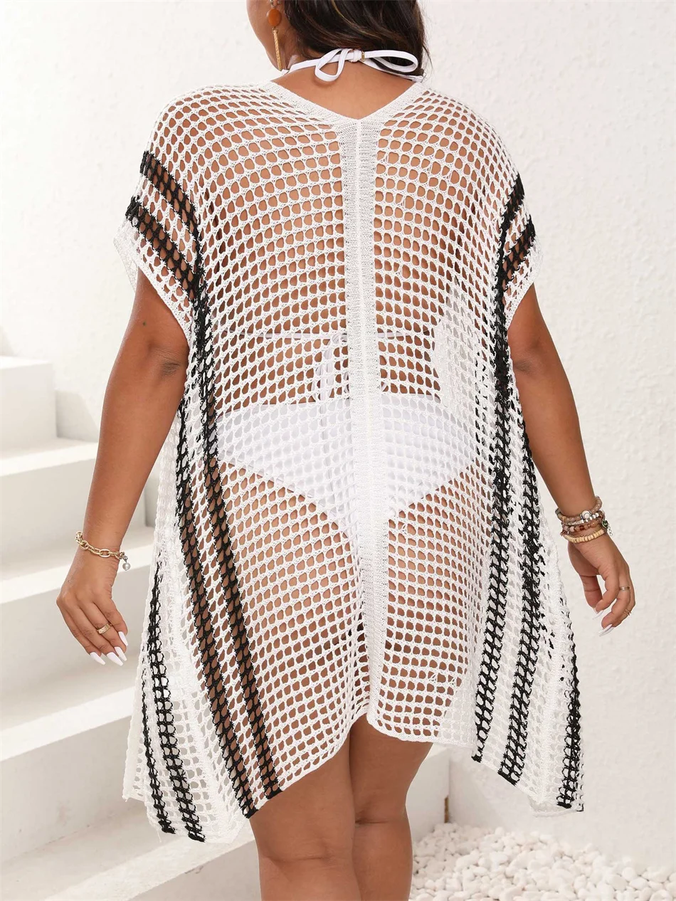 GIBSIE Plus Size Hollow Out Bikini Cover Up Vrouwen Zomer Gebreid Vest Tuniek Vakantie Strandkleding Badmode Cover Up