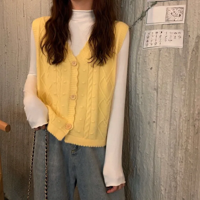 

Knit Vests For Women Yellow Clothing Trend 2025 Vintage New Waistcoat In Light Casual Tops Wear To Work Cropped Lady Sweaters
