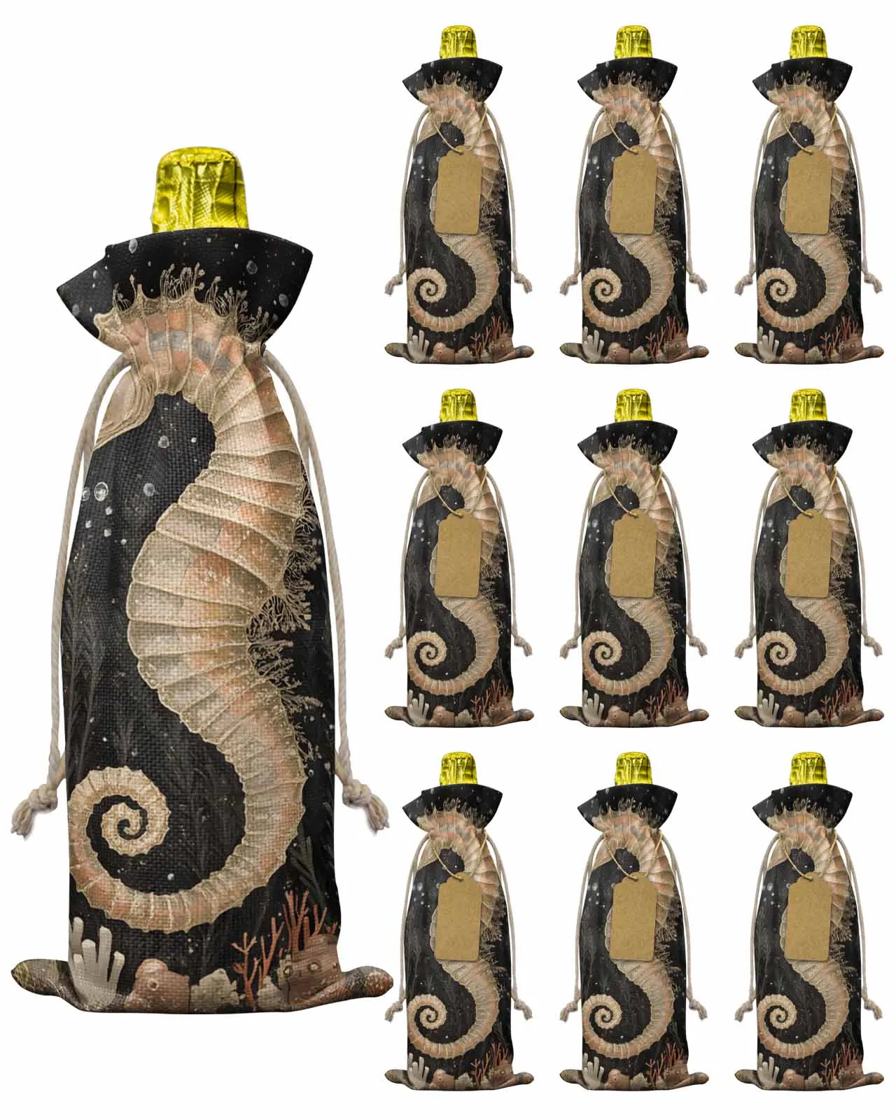 

10pcs Wine Bottle Covers Retro Seabed Seahorse Wine Holder Carrier Packaging Bag Wedding Party Decor Gift