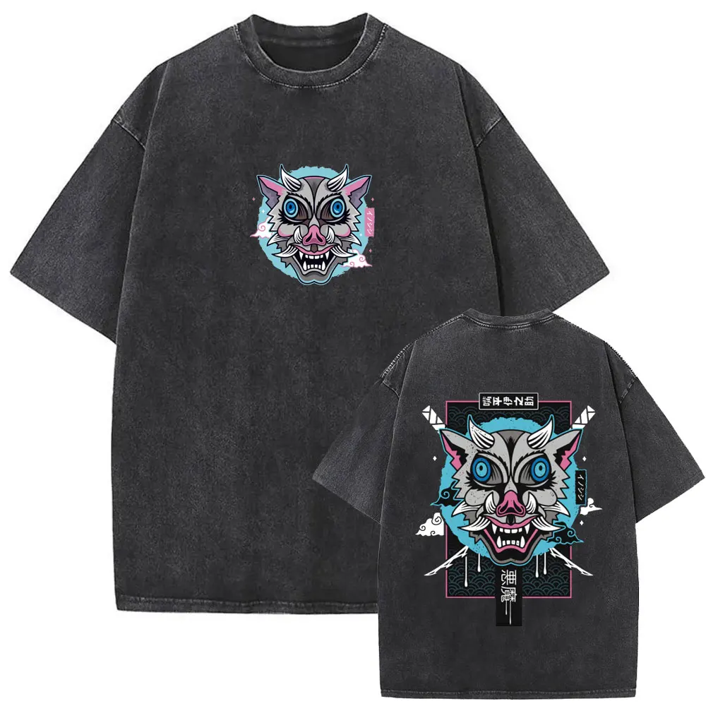 

Washed Vintage Anime Demon Slayer Print T-shirt Hashibira Inosuke Mask Face Graphic T-shirts Men Women Casual Oversized T Shirts