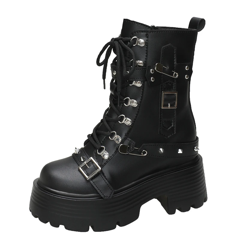 

9cm New Women Fur Ankle Boots Thick Sole Leather Combat Motorcycle Boot Autumn Winter Warm Plush High Platform Snow Shoes Woman