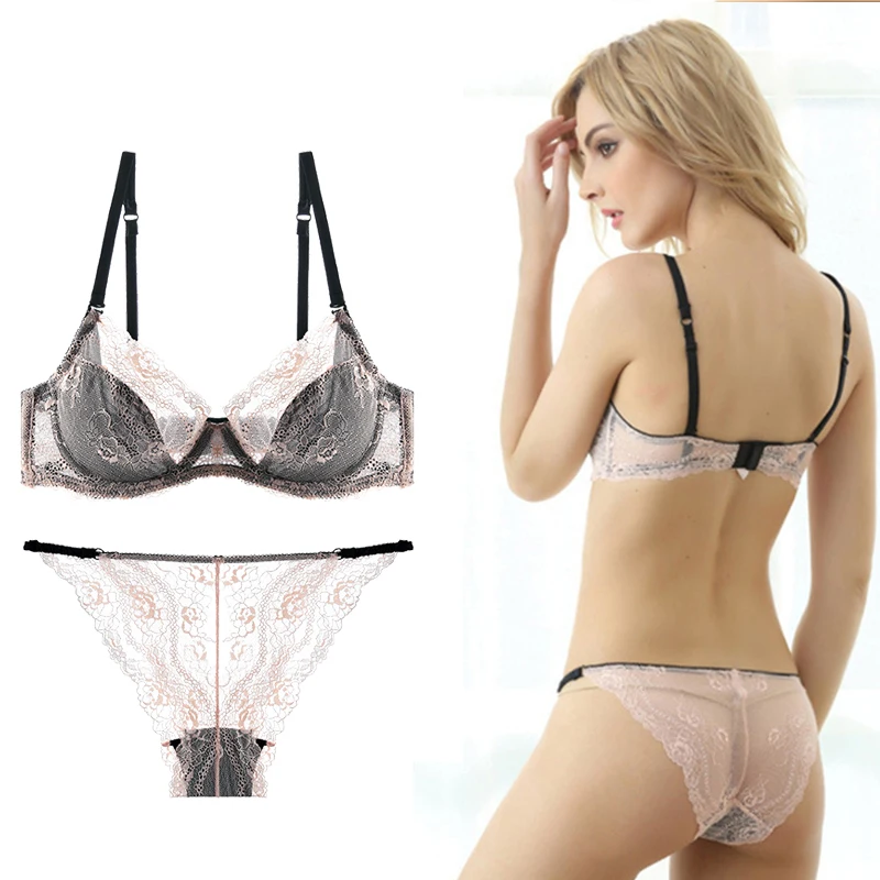 

Feminine Lace Ultra-Thin Bra Panties Set Soft Texture Big Breasts Small Rims Lingerie Women Large Size Cotton-Free Underwear