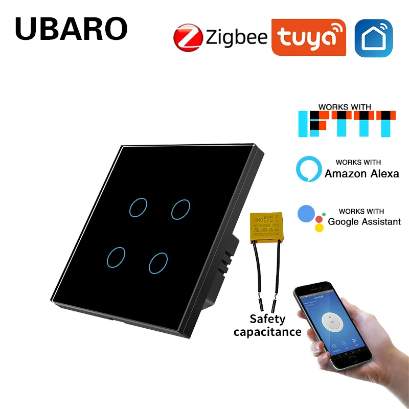 UBARO Tuya Smart 4 Gang WIFI Wall Light Switch Support Google Home Amazon Alexa Yandex Alice Voice  Control 220V 10A Live Wire