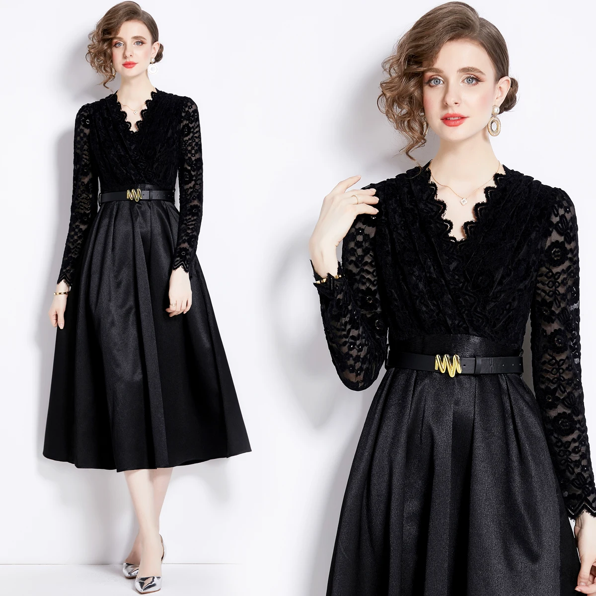 European and American 2025 new black lace patchwork V-neck waist cinched lace up big swing dress vintage dress