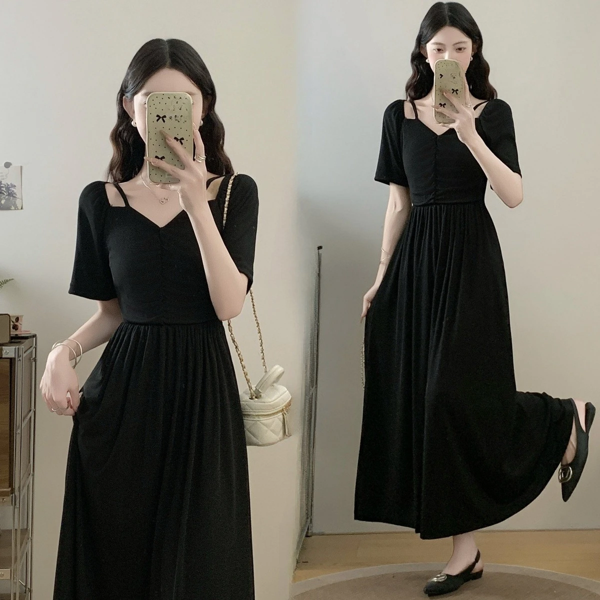 

French Style short sleeve V-neck solid long Dress 2025 Summer fashion Waist-Fitted Slimming Off Shoulder black dresses For Women