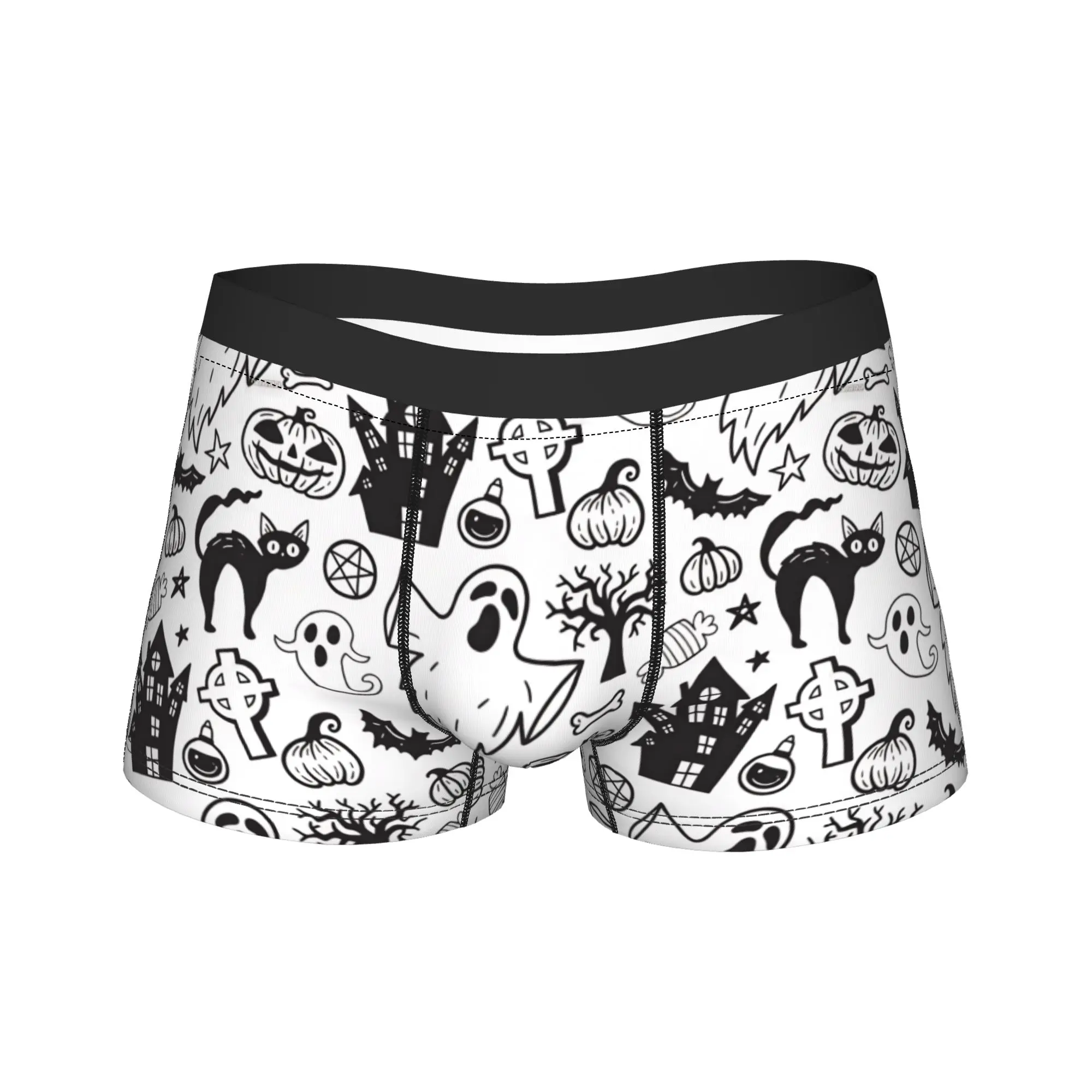 Halloween Line Art Ghost Black Cat Pumpkin Underwear  Comfortable Underpants Print Shorts Briefs For Male Pouch Large Size Trunk