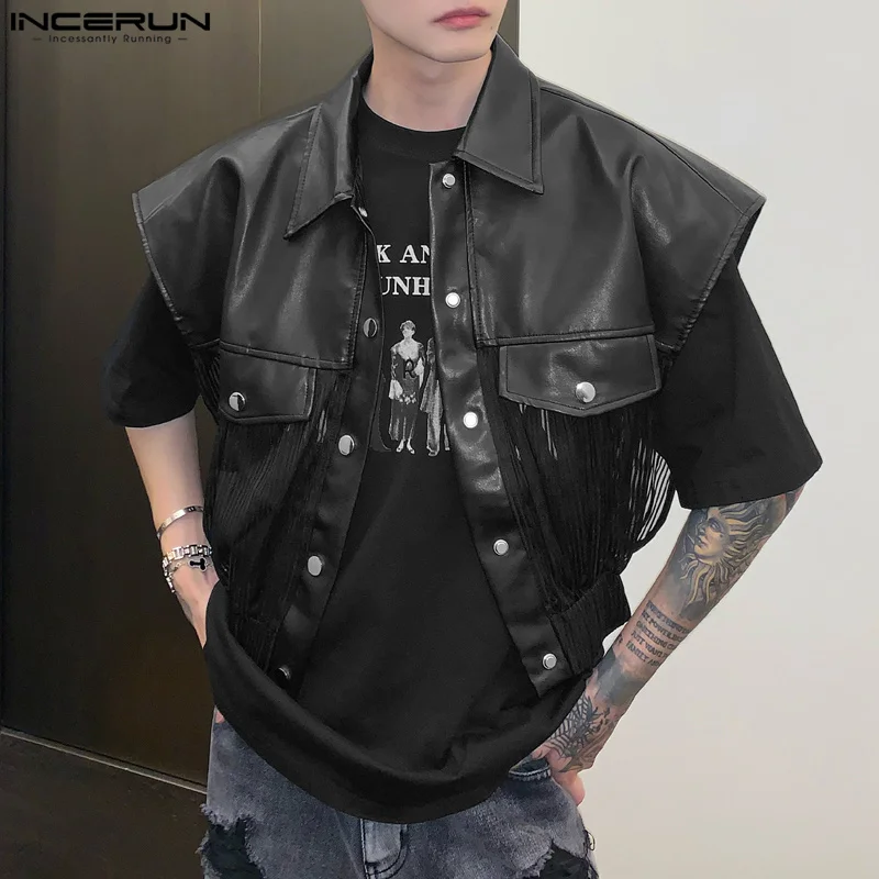 

INCERUN Tops 2023 Handsome Mens PU Leather Fabric Splicing See-through Vests Stylish Striped Chiffon Short-style Waistcoat S-5XL