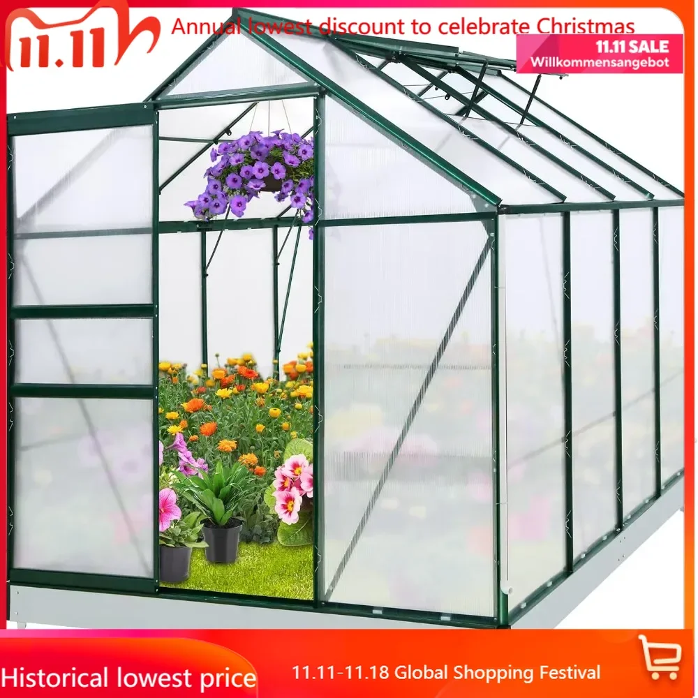 

Outdoor Walk-in Hobby Greenhouse with Adjustable Roof Vent and Rain Gutter, Base and Anchor, Polycarbonate Alum