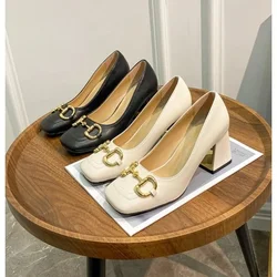 2024 New Style Women Matte Thick Heels Soft Pumps Summer Sandals Woman Retro Fashion Metal Buckle High Heels Lady Dress Shoes