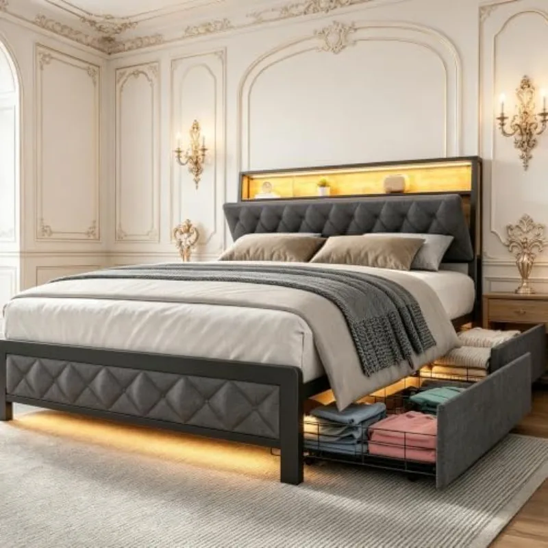 Full Bed Frame with Bookcase Headboard, Upholstered Led Bed Frame Full Size with 4 Storage Drawers and Charging