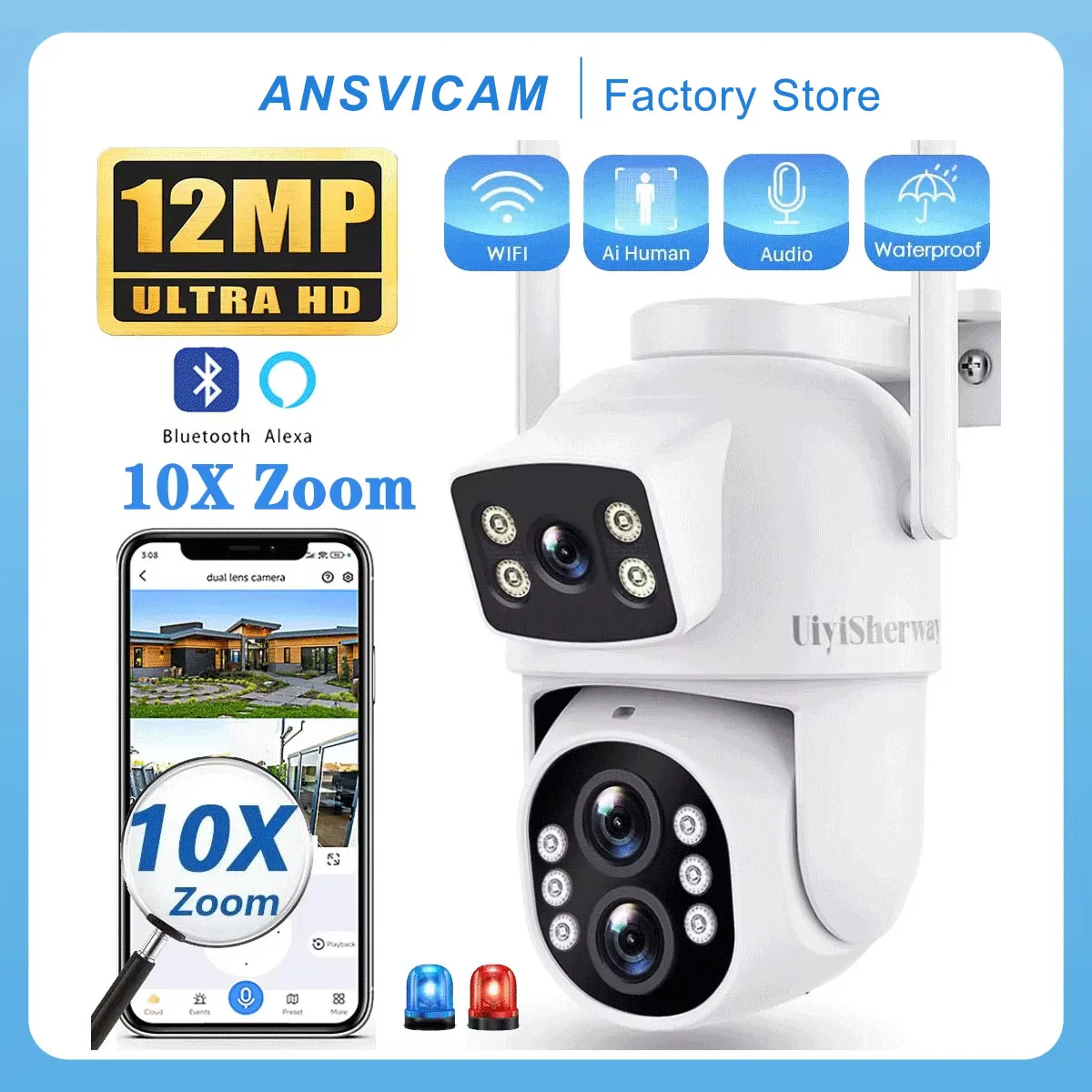 12MP Wifi Dual Lens Outdoor Camera 10X Zoom HD Dual Screens PIZ IP Camera Night Vision Security Protection Câmera P6Slite APP