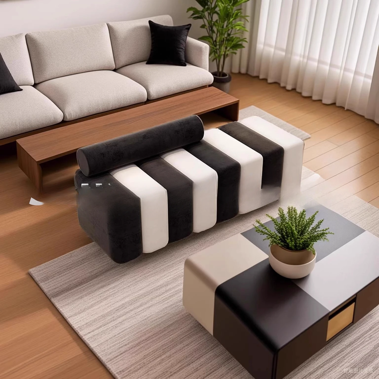 Área de estar, banco longo do sofá no final da cama