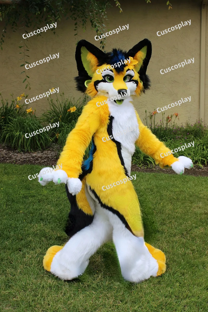 

White Fur Fox Dog Husky Yellow Mascot Costume Furry Suit Fursuit Halloween Christmas Birthday Party Gift