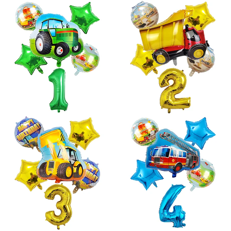 Tractor Fire Truck Cartoon Car Foil Balloons Boys Happy Birthday Party Decorations 32 Inch Gold Green Blue Number Kids Toys Ball