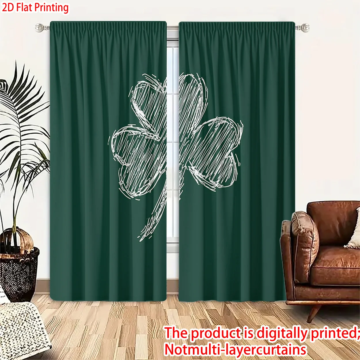 St Patrick's Day Curtains, Green White Sketch Shamrock Print Drapes, Irish Luck Decor for Living Room Bedroom Window Treatment