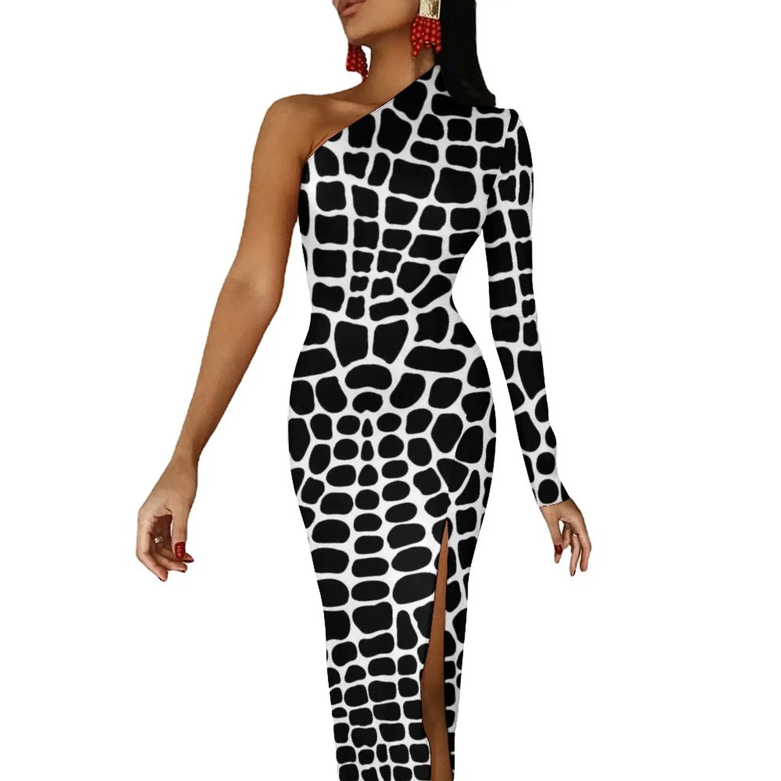 Snakeskin Maxi Dress Long Sleeve Black and White Animal Sexy Bodycon Dress Autumn Party Long Dresses Women Custom Clothes