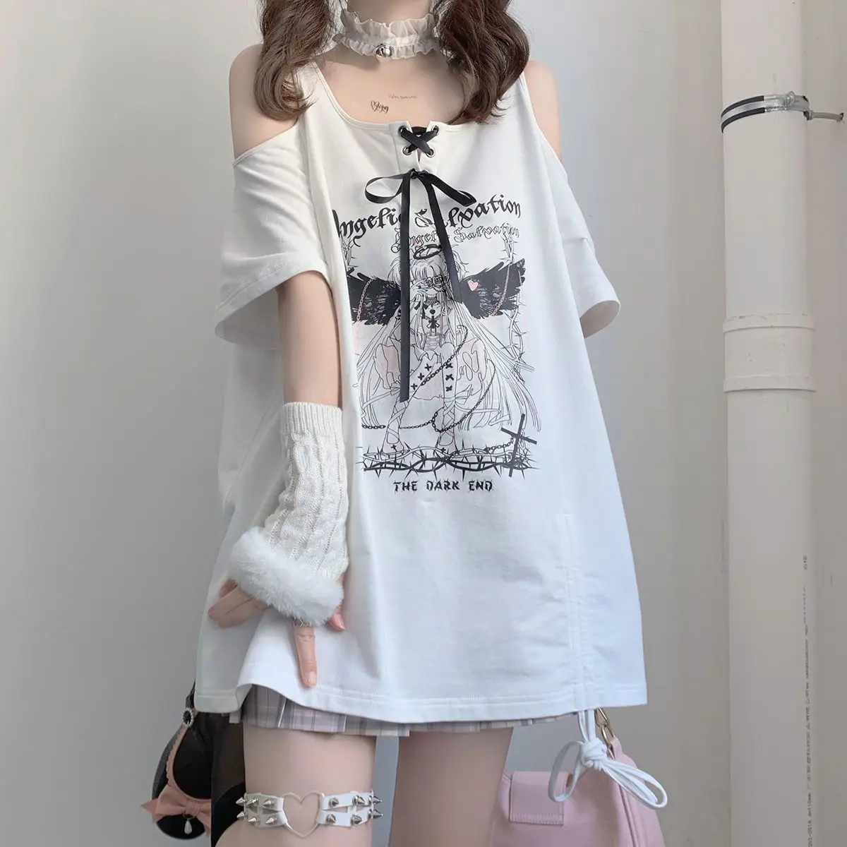 Harajuku Cartoon Print Kawaii T-shirt Women Off Shoulder Graphic T Shirts Fairy Grunge Y2k Aesthetic Tee Gothic Graphic Camiseta