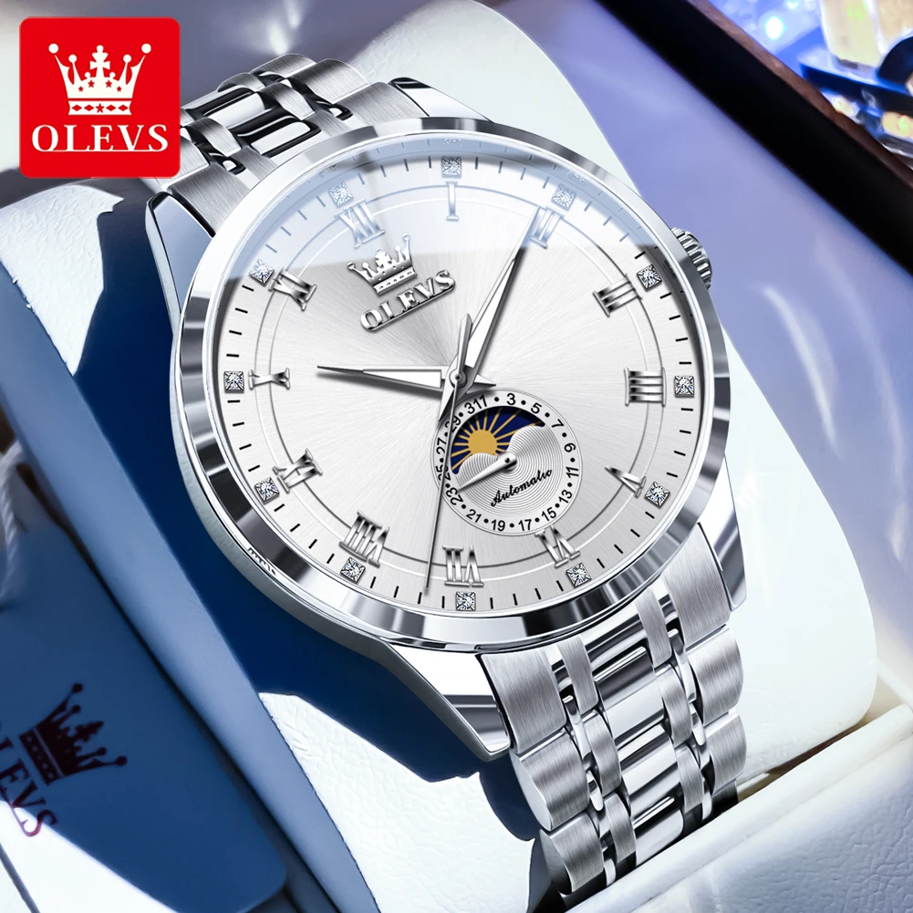 

OLEVS Механические часы с фазой Луны для мужчин, стальной ремешок, водонепроницаемые светящиеся римские шкала, роскошные брендовые автоматические мужские часы 7063